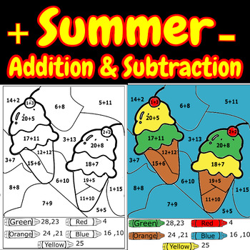 Summer Themed Addition & Subtraction Color by Number / Code Worksheets ...
