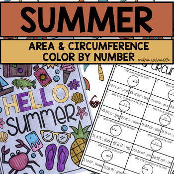 Preview of Summer Themed Area & Circumference Color by Number | 7th Grade Math