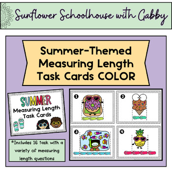 Preview of Summer-Themed End of Year Measuring Length Task Cards - COLOR