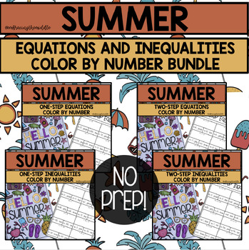 Preview of Summer Themed Equations and Inequalities Color By Number Activity BUNDLE