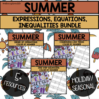 Preview of Summer Themed Expression, Equation, and Inequalities Color By Number Bundle