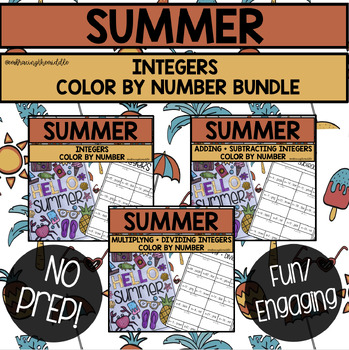 Preview of Summer Themed Integers Color By Number Bundle for Middle School Math