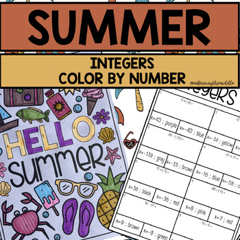 Preview of Summer Themed Integers Color by Number Activity for 7th Grade Math