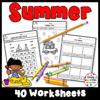 Preview of Summer Themed Kindergarten Math and Literacy Worksheets and Activities