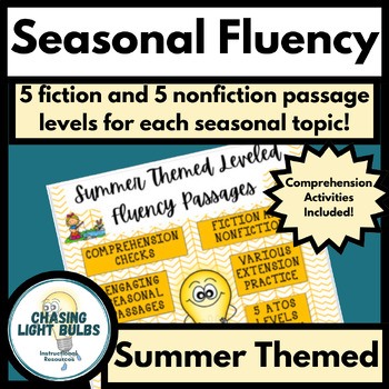 Preview of Summer Themed Leveled Reading Fluency Passages for June, July, and August