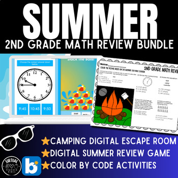 Preview of Summer-Themed Math Review Color by Code & Digital Games, 2nd, End of Year