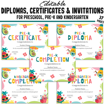 Preview of Summer-Themed Pre-K, Kindergarten, Preschool Diplomas, Certificates, Invitations