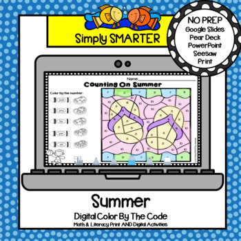Preview of Summer Themed Print & Digital Math & Literacy Color By Code Activities