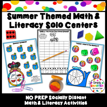 Preview of Summer Themed Solo Math And Literacy Socially Distanced Kindergarten Centers