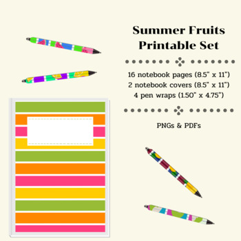 Preview of Summer Tropical Fruit Printable Set: 2 Journal Covers, 16 Pages, and 4 Pen Wraps