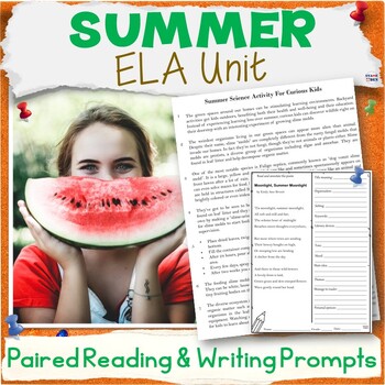Preview of Summer Unit - Summer School ELA Paired Reading Activities, Writing Prompts