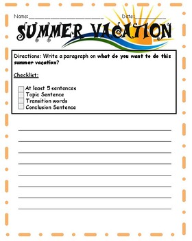 Summer Vacation Paragraph by yairin rodriguez | TPT