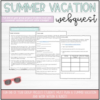 Preview of Summer Vacation Planning Project End of Year Webquest