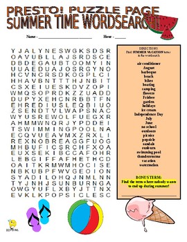 summer vacation puzzle page wordsearch and criss cross by presto