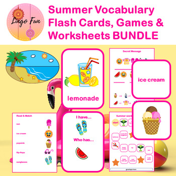 Preview of Summer Vocabulary Flash Cards Games Puzzles and Worksheets Bundle