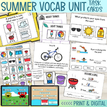 Preview of Summer Vocabulary Unit Task Cards | Print and Boom™ Cards