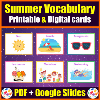 Summer Vocabulary cards. Printable & Digital cards with Google Slides