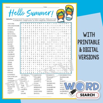 Preview of Hard Summer Word Search Puzzle 5th 6th Grade Up Worksheet Vocabulary Activity