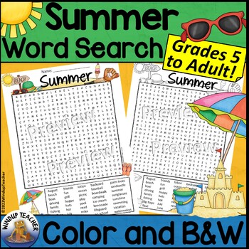Preview of Summer Word Search Activity Printable Hard for Grades 5 to Adult