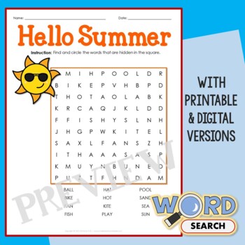 Preview of Fun & Easy Summer Word Search Puzzle Kindergarten 1st Grade Activity Worksheet