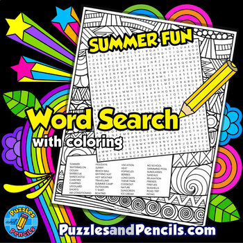 Preview of Summer Word Search Puzzle Activity Page with Mindfulness Coloring | Summer Fun