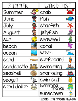 Summer Word Wall - 75 word cards, vocabulary list, worksheets | TpT
