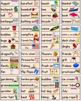 Preview of Summer Word Wall/Pocket Chart Cards With Pictures