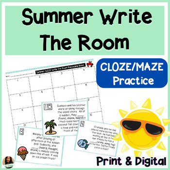 Preview of Summer Write the Room | CLOZE/MAZE Reading Comprehension Practice (2nd-3rd)