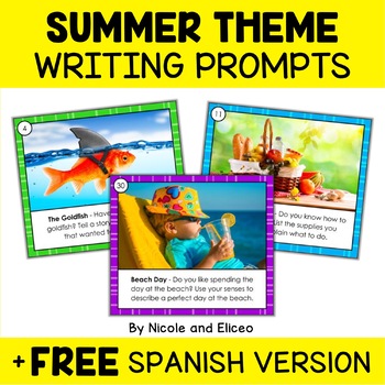 Preview of Summer Writing Prompt Task Cards + FREE Spanish