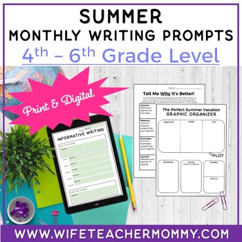 Preview of Summer Writing Prompts 4th-6th Grades PRINT + GOOGLE BUNDLE
