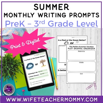 Preview of Summer Writing Prompts PreK-3rd Grades PRINT + GOOGLE BUNDLE