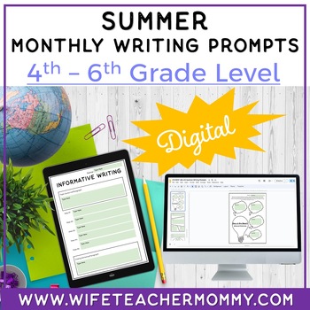 Preview of Summer Writing Prompts for 4th-6th Grades DIGITAL | Summer Writing