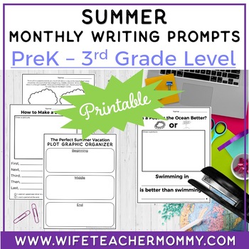 Preview of Summer Writing Prompts for PreK-3rd Grades PRINTABLE  | Summer Writing
