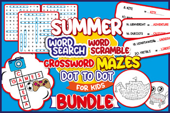 Preview of Summer activities: Dot to Dot, Word Search, Crossword, Scramble, Mazes, Puzzles