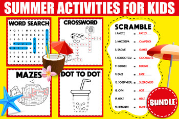 Preview of Summer activities: Word Search, Dot to Dot, Crossword, Scramble, Mazes, Puzzles