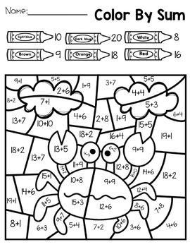 Summer color by number addition -Color by Number Code | TPT