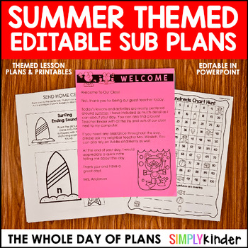 Preview of Summer or End of the Year Themed Editable Emergency Sub Plans Kindergarten