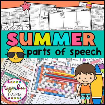 Preview of Summer parts of speech word search color by code mad libs