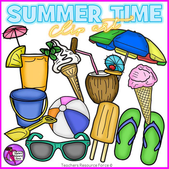 Preview of Summer realistic clip art sunglasses, flip flops, bucket, ice cream, umbrella