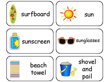 Summer themed printable Picture Word Flashcards. Preschool flashcards.