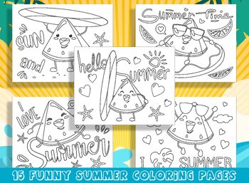 Preview of Sun, Sand, and Scribbles: 15 Funny and Cute Summer Coloring Pages, PDF File