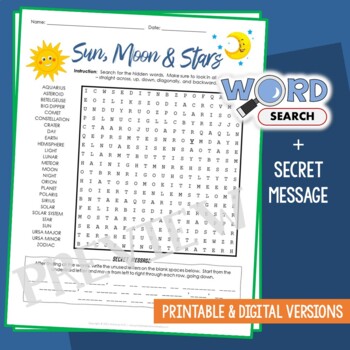 Preview of Observing Sun, Star, and Moon Word Search Puzzle Vocabulary Activity Worksheet