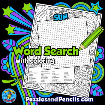 Preview of Sun Word Search Puzzle Activity Page with Coloring | Solar System | Planets