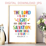 Sunday school poster. Bible verse Psalm 27:1. The LORD is 