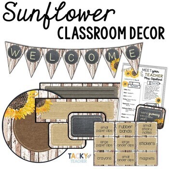 Preview of Farmhouse Sunflower Classroom Theme Bundle - Shiplap & Denim Decor