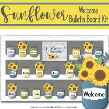 Preview of Sunflower Farmhouse Classroom Décor Bulletin Board Sets, School Supply Labels