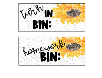 Preview of Sunflower Homework & Turn In Bin Labels