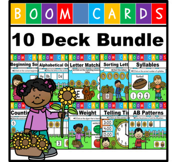 Preview of Sunflower Themed Boom Cards - Math and Language Arts Bundle (With Audio)