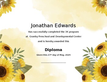 Preview of Sunflower Themed Preschool Diploma / Certificate 3k 4k 5k   Theme