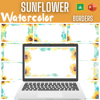 Preview of Sunflower themed Watercolor Borders for Google Slide and PowerPoint 16x9 frames